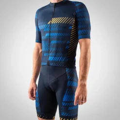 Men's Triathlon Tri Suit Short Sleeve Mountain Bike MTB Road Bike Cycling Green Blue Yellow Grey Stripes 3D Bike Clothing Suit UV Resistant Breathable Quick Dry Sweat wicking Polyester Spandex Sports
