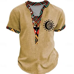 Men's Tribal Bandana Print T Shirt Henley Shirt Short Sleeve 3D Print Designer Ethnic Vacation Casual Daily Summer Spring Yellow Green Khaki Henley Henley T-Shirt