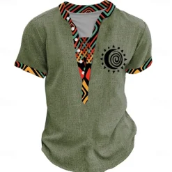 Men's Tribal Bandana Print T Shirt Henley Shirt Short Sleeve 3D Print Designer Ethnic Vacation Casual Daily Summer Spring Yellow Green Khaki Henley Henley T-Shirt