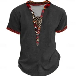 Men's Tribal Bandana Print T Shirt Henley Shirt Short Sleeve 3D Print Designer Ethnic Vacation Casual Daily Summer Spring Heather Gray Khaki Black Gray Henley Henley T-Shirt