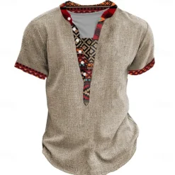 Men's Tribal Bandana Print T Shirt Henley Shirt Short Sleeve 3D Print Designer Ethnic Vacation Casual Daily Summer Spring Heather Gray Khaki Black Gray Henley Henley T-Shirt