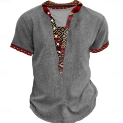 Men's Tribal Bandana Print T Shirt Henley Shirt Short Sleeve 3D Print Designer Ethnic Vacation Casual Daily Summer Spring Heather Gray Khaki Black Gray Henley Henley T-Shirt