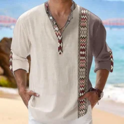 Men's Tribal Ethnic Shirt Linen Shirt Button Up Shirt Long Sleeve Tribal Vacation Daily Wear Going out Spring & Fall Stand Collar Buttons Print White Khaki Gray
