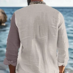 Men's Tribal Ethnic Shirt Linen Shirt Button Up Shirt Long Sleeve Tribal Vacation Daily Wear Going out Spring & Fall Stand Collar Buttons Print White Khaki Gray