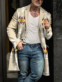 Men's Tribal Geometry Bandana Print Winter Coat Overcoat Coat Warm Breathable Comfortable Vintage Business Casual Work Wear to work Going out Pocket Print Fall & Winter Stand Collar Long Sleeve Brown