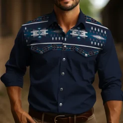 Men's Tribal Graphic Prints Vintage Shirt Western Shirt Cowboy Shirt Long Sleeve Fashion Designer Casual Outdoor Daily Fall & Winter Turndown Print Black Navy Blue Dark Green