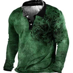 Men's Tribal Polo Shirts Golf Shirt Long Sleeve Polo Shirts Collared Shirts Vintage Casual Vacation Wear Festival Wear Party Outfits Buttons 3D Print Blue Brown Green