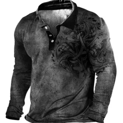 Men's Tribal Polo Shirts Golf Shirt Long Sleeve Polo Shirts Collared Shirts Vintage Casual Vacation Wear Festival Wear Party Outfits Buttons 3D Print Blue Brown Green