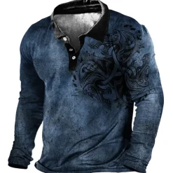 Men's Tribal Polo Shirts Golf Shirt Long Sleeve Polo Shirts Collared Shirts Vintage Casual Vacation Wear Festival Wear Party Outfits Buttons 3D Print Blue Brown Green