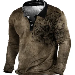 Men's Tribal Polo Shirts Golf Shirt Long Sleeve Polo Shirts Collared Shirts Vintage Casual Vacation Wear Festival Wear Party Outfits Buttons 3D Print Blue Brown Green