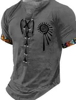 Men's Tribal Shirt Short Sleeve T shirt 3D Print Lace Up Neck Shirt Retro Vintage Vintage Retro Street Casual Daily Black Khaki Dark Gray Summer Spring Clothing Apparel S M L XL XXL XXXL