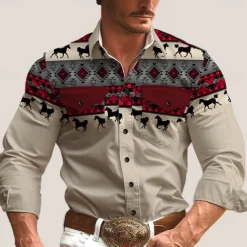 Men's Tribal Shirt Western Shirt Cowboy Shirt Long Sleeve Western Style Tribal Summer Spring Fall Shirt Collar Khaki