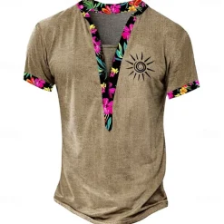 Men's Tribal T Shirt Henley Shirt Tee Short Sleeve Designer Basic Ethnic Outdoor Casual Daily Summer Green Light Brown Khaki Henley Henley T-Shirt