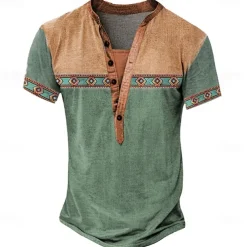 Men's Tribal T Shirt Henley Shirt Tee Short Sleeve Designer Basic Bohemian Outdoor Casual Daily Summer Lake Blue Light Green Light Blue Khaki Henley Henley T-Shirt