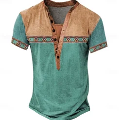 Men's Tribal T Shirt Henley Shirt Tee Short Sleeve Designer Basic Bohemian Outdoor Casual Daily Summer Lake Blue Light Green Light Blue Khaki Henley Henley T-Shirt