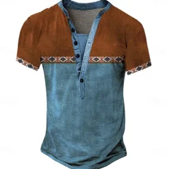 Men's Tribal T Shirt Henley Shirt Tee Short Sleeve Designer Basic Bohemian Outdoor Casual Daily Summer Lake Blue Light Green Light Blue Khaki Henley Henley T-Shirt