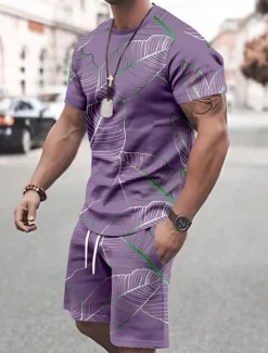 Men's Tropical Flowers 2pcs Tees sets Summer Tops Short Sleeve Short Pants Crew Neck Vacation Casual Outdoor Vacation Sport 3D Print Summer Violet Robin's Egg Blue Pink