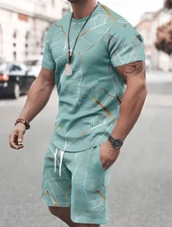 Men's Tropical Flowers 2pcs Tees sets Summer Tops Short Sleeve Short Pants Crew Neck Vacation Casual Outdoor Vacation Sport 3D Print Summer Violet Robin's Egg Blue Pink