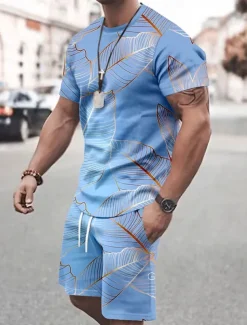 Men's Tropical Flowers 2pcs Tees sets Summer Tops Short Sleeve Short Pants Crew Neck Vacation Casual Outdoor Vacation Sport 3D Print Summer Violet Robin's Egg Blue Pink