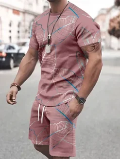 Men's Tropical Flowers 2pcs Tees sets Summer Tops Short Sleeve Short Pants Crew Neck Vacation Casual Outdoor Vacation Sport 3D Print Summer Violet Robin's Egg Blue Pink