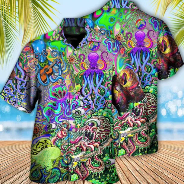 Men's Tropical Guitar Octopus Shirt Summer Hawaiian Shirt Aloha Shirt Short Sleeve Shirt Turndown Tropical Fashion Hawaiian Casual Hawaiian Holiday Yellow Red Purple S M L