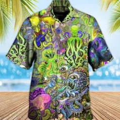 Men's Tropical Guitar Octopus Shirt Summer Hawaiian Shirt Aloha Shirt Short Sleeve Shirt Turndown Tropical Fashion Hawaiian Casual Hawaiian Holiday Yellow Red Purple S M L