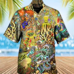 Men's Tropical Guitar Octopus Shirt Summer Hawaiian Shirt Aloha Shirt Short Sleeve Shirt Turndown Tropical Fashion Hawaiian Casual Hawaiian Holiday Yellow Red Purple S M L