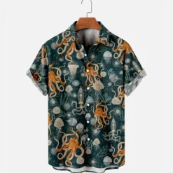 Men's Tropical Octopus Shirt Summer Hawaiian Shirt Aloha Shirt Short Sleeves Shirt Turndown Tropical Sports Streetwear Street Casual Hawaiian Green Gray S M L