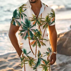 Men's Tropical Palm Tree Tropical Plants 2pcs Shirts Sets Summer Hawaiian Shirt Short Sleeve Short Pants Turndown Vacation Hawaiian Outdoor Vacation Hawaiian Buttons Pocket Print Summer All Seasons