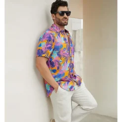 Men's Tropical Shirt Summer Hawaiian Shirt Button Up Shirt Short Sleeve Hawaiian Fashion Casual Vacation Daily Hawaiian Summer Lapel Print Purple