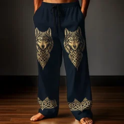 Men's Trousers Baggy Pants Casual Pants Elastic Drawstring Waist Linen-Like Pants with Pockets Wolf Totem Outdoor Holiday Retro Vintage Black Dark Green Inelastic