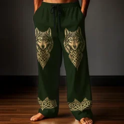 Men's Trousers Baggy Pants Casual Pants Elastic Drawstring Waist Linen-Like Pants with Pockets Wolf Totem Outdoor Holiday Retro Vintage Black Dark Green Inelastic