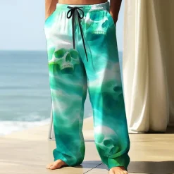 Men's Trousers Baggy Pants Casual Pants Elastic Drawstring Waist Linen-Like Pants with Pockets Skull Halloween Costumes Full Length Holiday Streetwear Dark Punk Gothic Style Light Green Blue