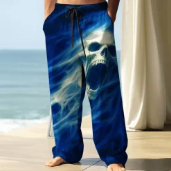 Men's Trousers Baggy Pants Casual Pants Elastic Drawstring Waist Linen-Like Pants with Pockets Skull Death Halloween Costumes Full Length Outdoor Holiday Dark Punk Gothic Style Black Red Micro-elastic