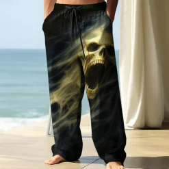 Men's Trousers Baggy Pants Casual Pants Elastic Drawstring Waist Linen-Like Pants with Pockets Skull Death Halloween Costumes Full Length Outdoor Holiday Dark Punk Gothic Style Black Red Micro-elastic