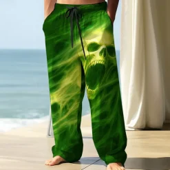 Men's Trousers Baggy Pants Casual Pants Elastic Drawstring Waist Linen-Like Pants with Pockets Skull Death Halloween Costumes Full Length Outdoor Holiday Dark Punk Gothic Style Black Red Micro-elastic