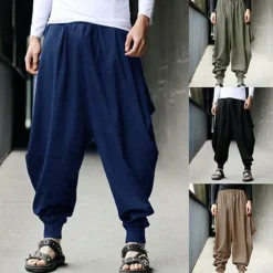 Men's Trousers Baggy Pants Casual Pants Baggy Harem Pants Drawstring Elastic Waist Wide Leg Solid Color Daily Streetwear Hippie Yoga Loose Fit Black Navy Blue