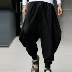 Men's Trousers Baggy Pants Casual Pants Baggy Harem Pants Drawstring Elastic Waist Wide Leg Solid Color Daily Streetwear Hippie Yoga Loose Fit Black Navy Blue