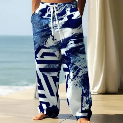 Men's Trousers Baggy Pants Casual Pants Elastic Drawstring Waist Linen-Like Pants with Pockets Geometric Abstract Art Full Length Outdoor Vacation Retro Vintage Black Wine Inelastic