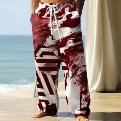 Men's Trousers Baggy Pants Casual Pants Elastic Drawstring Waist Linen-Like Pants with Pockets Geometric Abstract Art Full Length Outdoor Vacation Retro Vintage Black Wine Inelastic