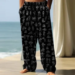 Men's Trousers Baggy Pants Casual Pants Elastic Drawstring Waist Linen-Like Pants with Pockets People Stick Figure Full Length Outdoor Vacation Funny Black White Inelastic