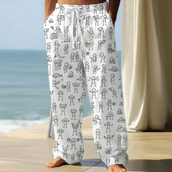 Men's Trousers Baggy Pants Casual Pants Elastic Drawstring Waist Linen-Like Pants with Pockets People Stick Figure Full Length Outdoor Vacation Funny Black White Inelastic