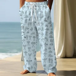 Men's Trousers Baggy Pants Casual Pants Elastic Drawstring Waist Linen-Like Pants with Pockets People Stick Figure Full Length Outdoor Vacation Funny Black White Inelastic