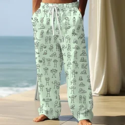 Men's Trousers Baggy Pants Casual Pants Elastic Drawstring Waist Linen-Like Pants with Pockets People Stick Figure Full Length Outdoor Vacation Funny Black White Inelastic