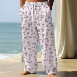 Men's Trousers Baggy Pants Casual Pants Elastic Drawstring Waist Linen-Like Pants with Pockets People Stick Figure Full Length Outdoor Vacation Funny Black White Inelastic