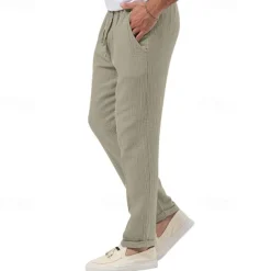 Men's Trousers Beach Shorts Casual Pants Seersucker Pants Drawstring Elastic Waist Straight Leg Plain Comfort Breathable Daily Holiday Vacation Fashion Casual Black White