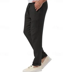 Men's Trousers Beach Shorts Casual Pants Seersucker Pants Drawstring Elastic Waist Straight Leg Plain Comfort Breathable Daily Holiday Vacation Fashion Casual Black White
