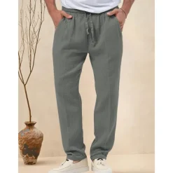 Men's Trousers Beach Shorts Casual Pants Seersucker Pants Drawstring Elastic Waist Straight Leg Plain Comfort Breathable Daily Holiday Vacation Fashion Casual Black White