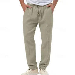 Men's Trousers Beach Shorts Casual Pants Seersucker Pants Drawstring Elastic Waist Straight Leg Plain Comfort Breathable Daily Holiday Vacation Fashion Casual Black White