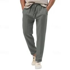 Men's Trousers Beach Shorts Casual Pants Seersucker Pants Drawstring Elastic Waist Straight Leg Plain Comfort Breathable Daily Holiday Vacation Fashion Casual Black White